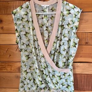 CAbi Women's Green & Tan Faux Wrap Sheer Top Sleeveless Large Butterfly Pattern